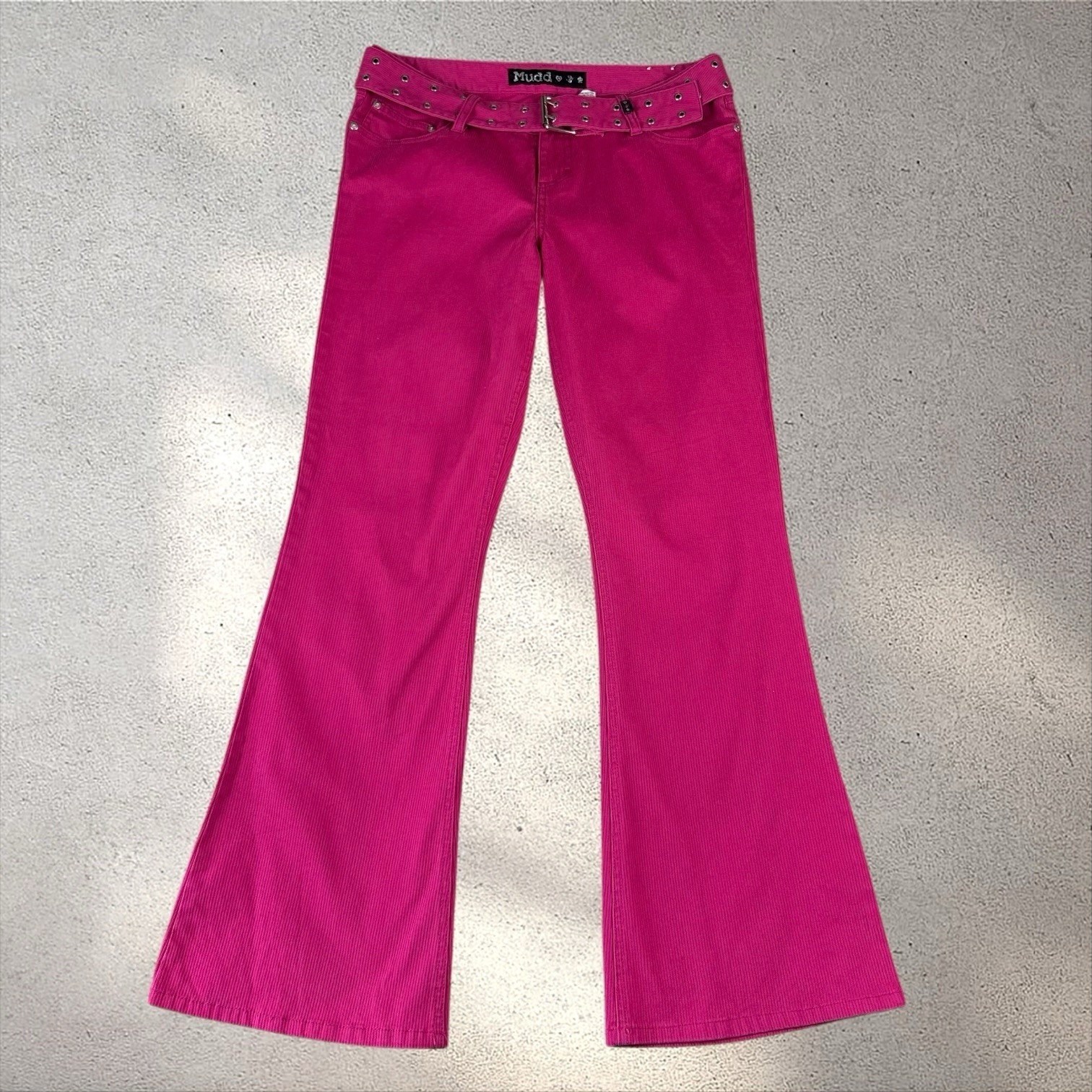 Vtg Y2k Miss Hot Pink Low Rise Flare Grommet Belted Jeans Sz 32" Waist